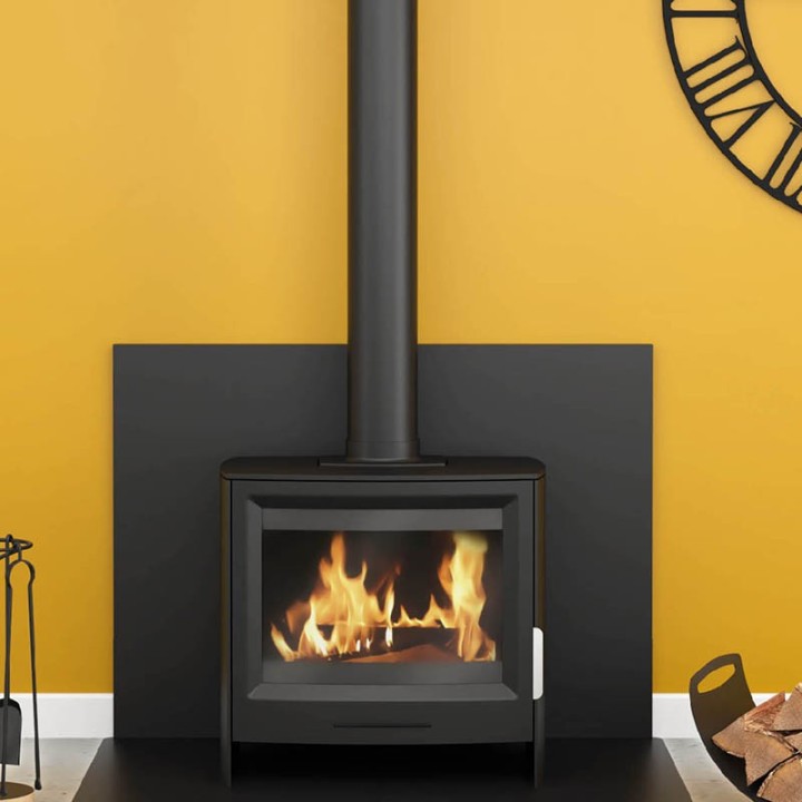 Plain black square wall protection plate for wood pellet stoves - Capska