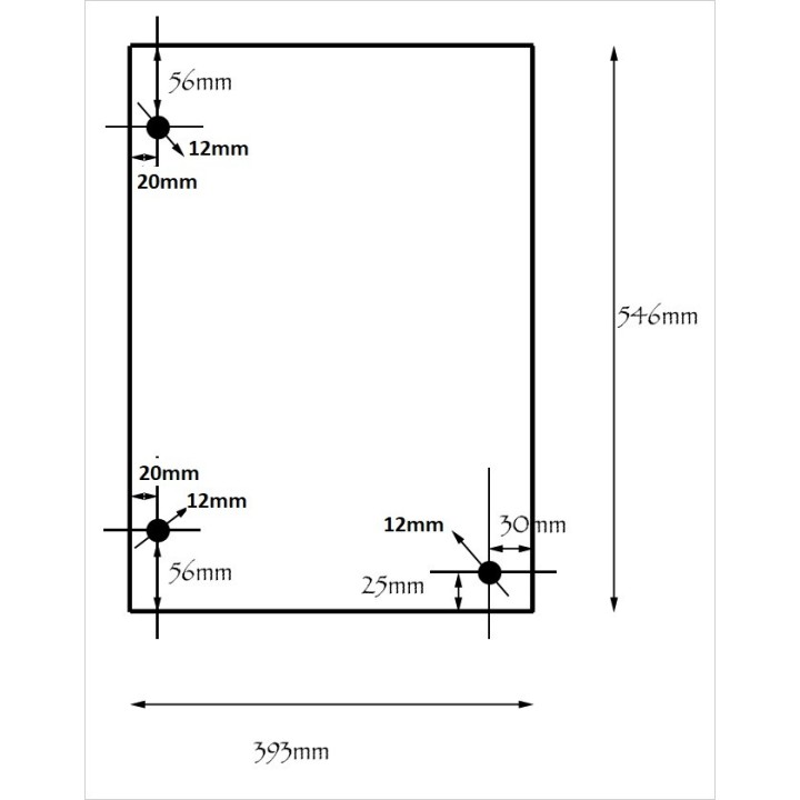 Vitre Philippe FOYER 850 (avec perçage à 20 mm du bord) - Verre rectangle percé pour insert - Schéma
