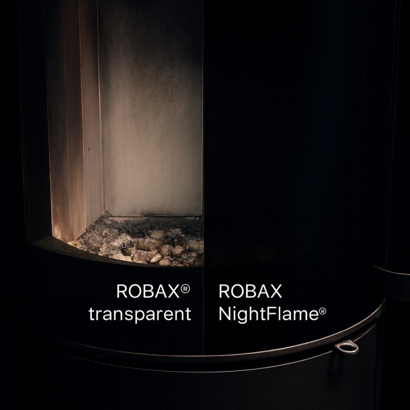 Kaminglas nach Maß rechteckig mit schwarzem Siebdruck unsere Alternative ist NightFlame Intelligentes Glaskeramikglas ROBAX